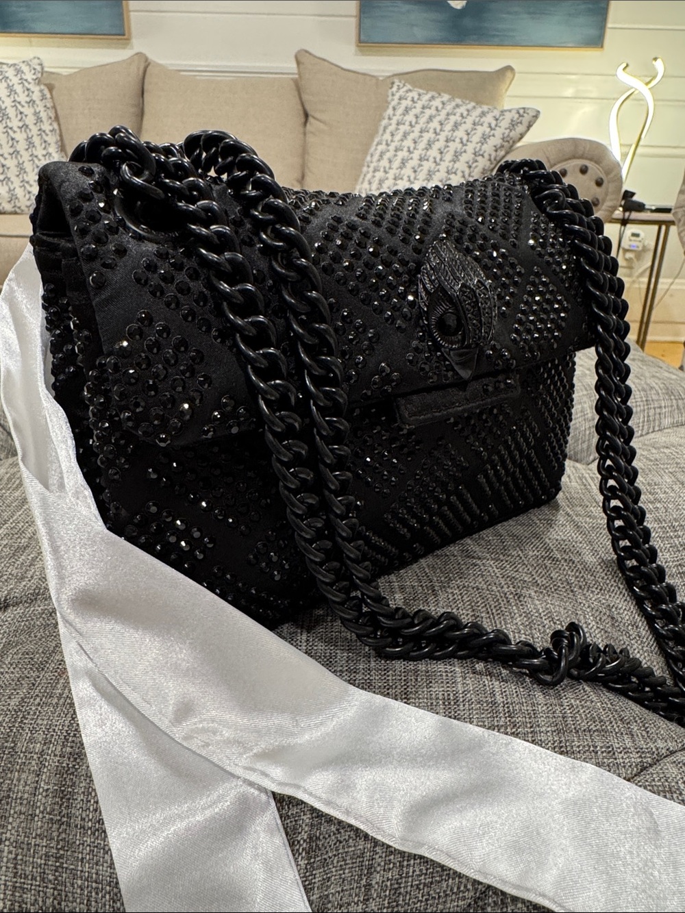 Kurt Geiger Bag Mini Kensington Crystal Studs Black Nylon Convertible Crossbody - Picture 3 of 17